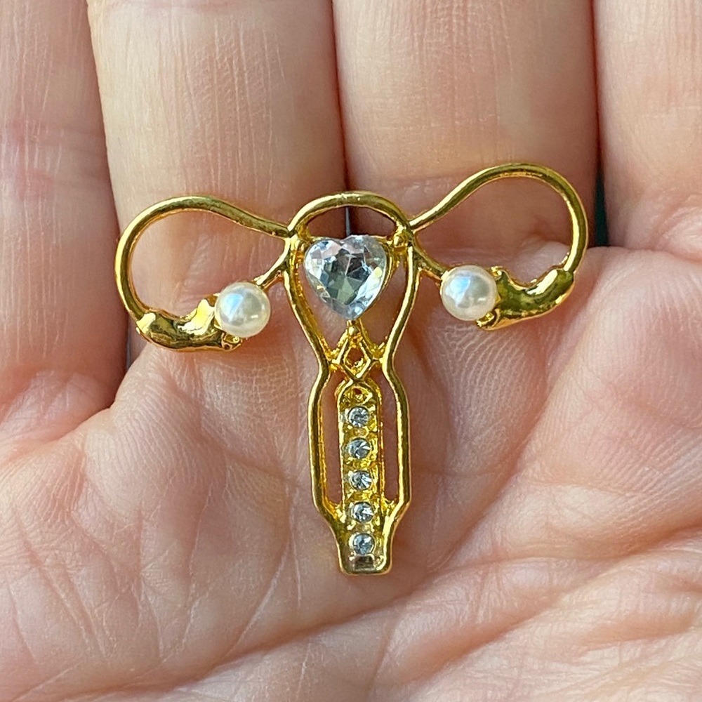 Gold uterus pin ovaries rhinestone brooch womens rights girl power nurse pearl - Picture 5 of 5
